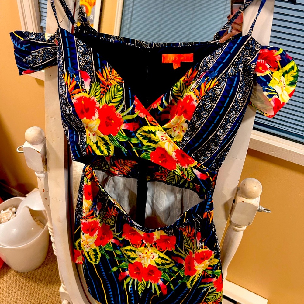 Floral Cutout Dress with Blue and Red Accents